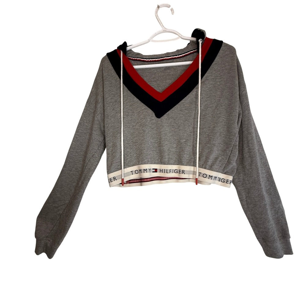 Tommy Hilfiger Cropped Hoodie Women L Gray Logo Band V Neck Preppy Y2K